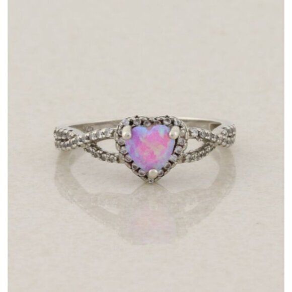 Unbranded Jewelry - Sterling Silver Lab Created Opal Heart and Cubic Zirconia Ring Size 9